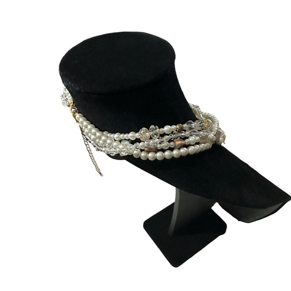 PD Premier Designs White 5 Strand Clear Glass Faux Pearl MOP Bib Necklace 17-21” - Picture 8 of 13